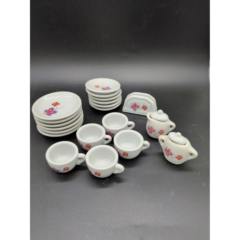 Porcelain Miniature Tea Set Dollhouse Teapot Cups Plates